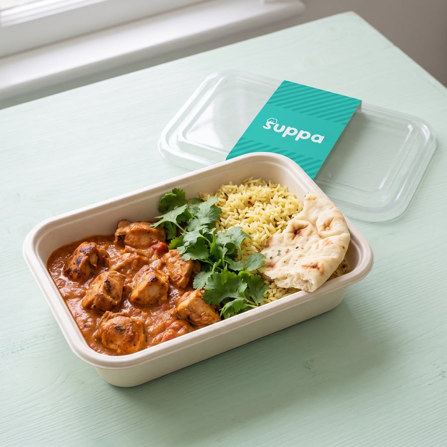 Chicken tikka masala in an open Suppa tray, with its clear lid and teal sleeve set beside it