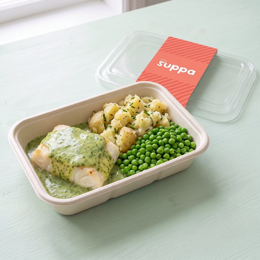 Cod in parsley sauce in an open Suppa tray, with its clear lid and coral sleeve set beside it