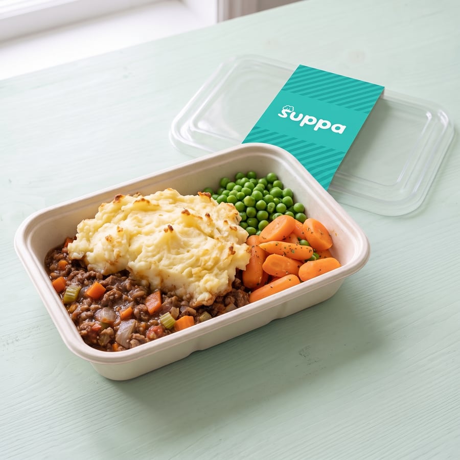 Cottage pie in an open Suppa tray, with its clear lid and teal sleeve set beside it