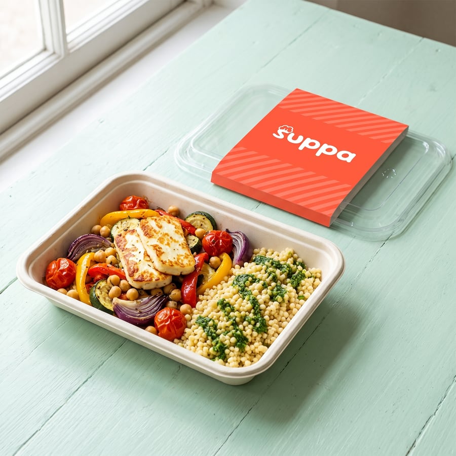 Halloumi and roasted veg traybake in an open Suppa tray, with its clear lid and coral sleeve set beside it