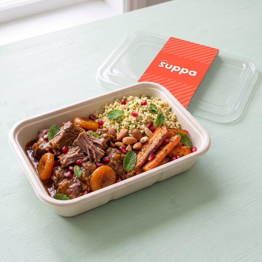 Lamb and apricot tagine in an open Suppa tray, with its clear lid and coral sleeve set beside it