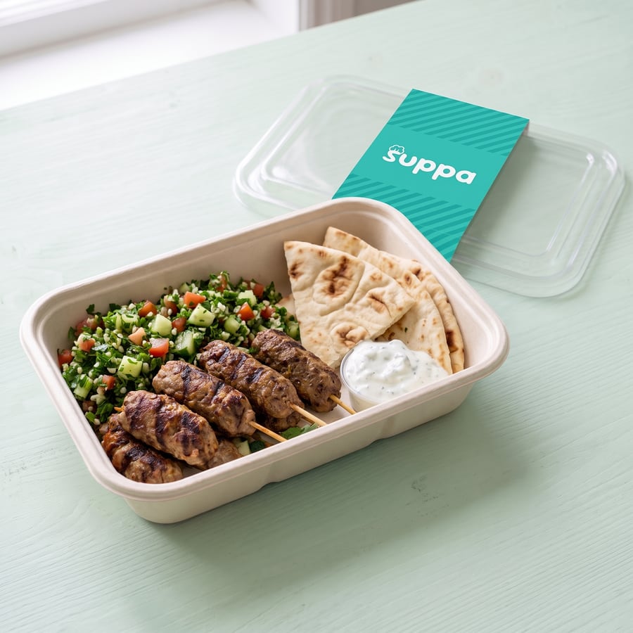 Lamb kofta with tabbouleh in an open Suppa tray, with its clear lid and teal sleeve set beside it