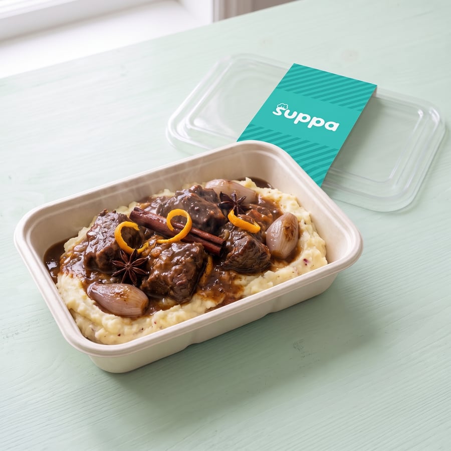 Mulled Beef and Horseradish Mash in an open Suppa tray, with its clear lid and teal sleeve set beside it