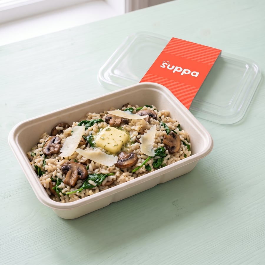 Mushroom and spinach risotto in an open Suppa tray, with its clear lid and coral sleeve set beside it