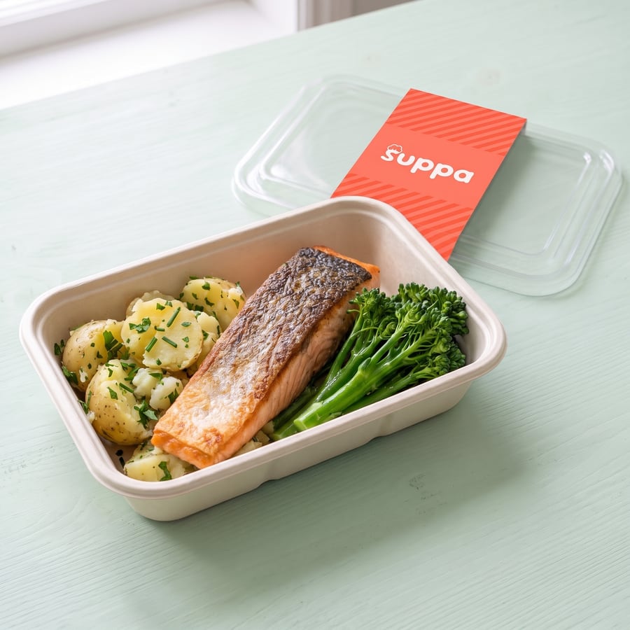 Pan-roasted salmon in an open Suppa tray, with its clear lid and coral sleeve set beside it