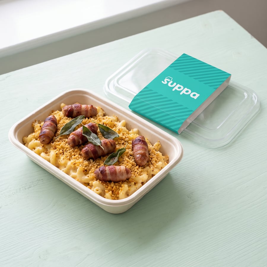 Pigs in Blankets Mac in an open Suppa tray, with its clear lid and teal sleeve set beside it