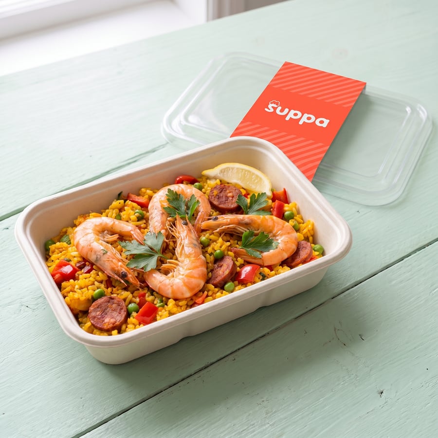 Prawn and chorizo paella in an open Suppa tray, with its clear lid and coral sleeve set beside it