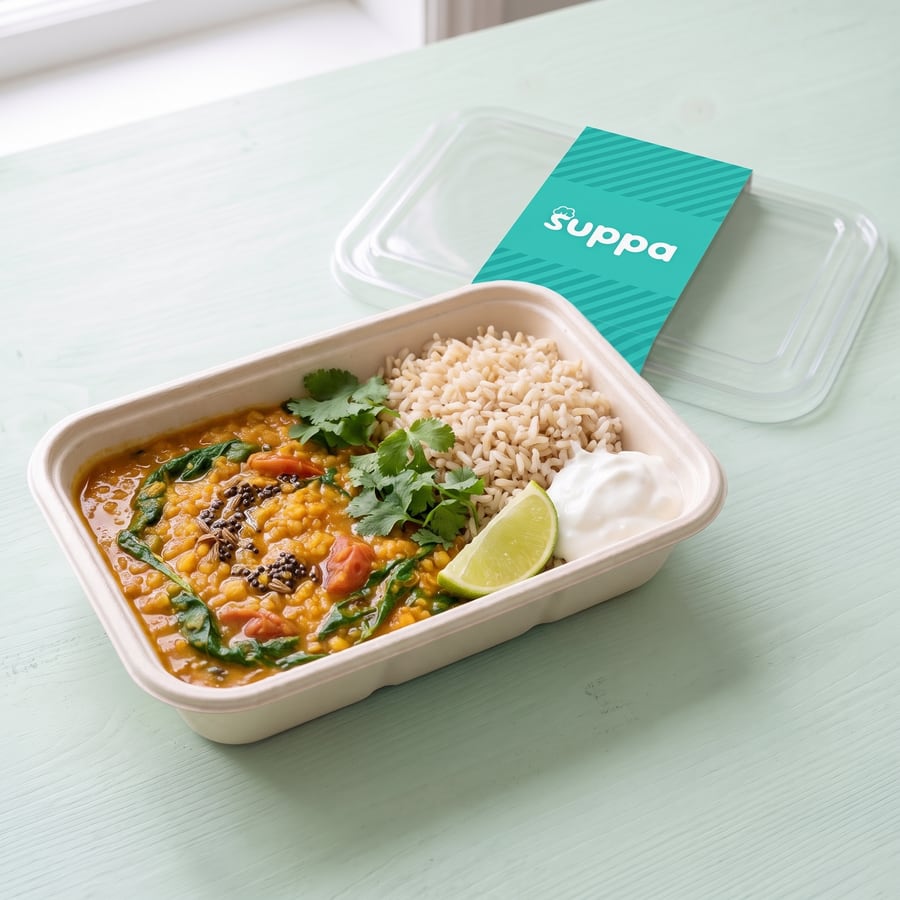 Red lentil and spinach dal in an open Suppa tray, with its clear lid and teal sleeve set beside it