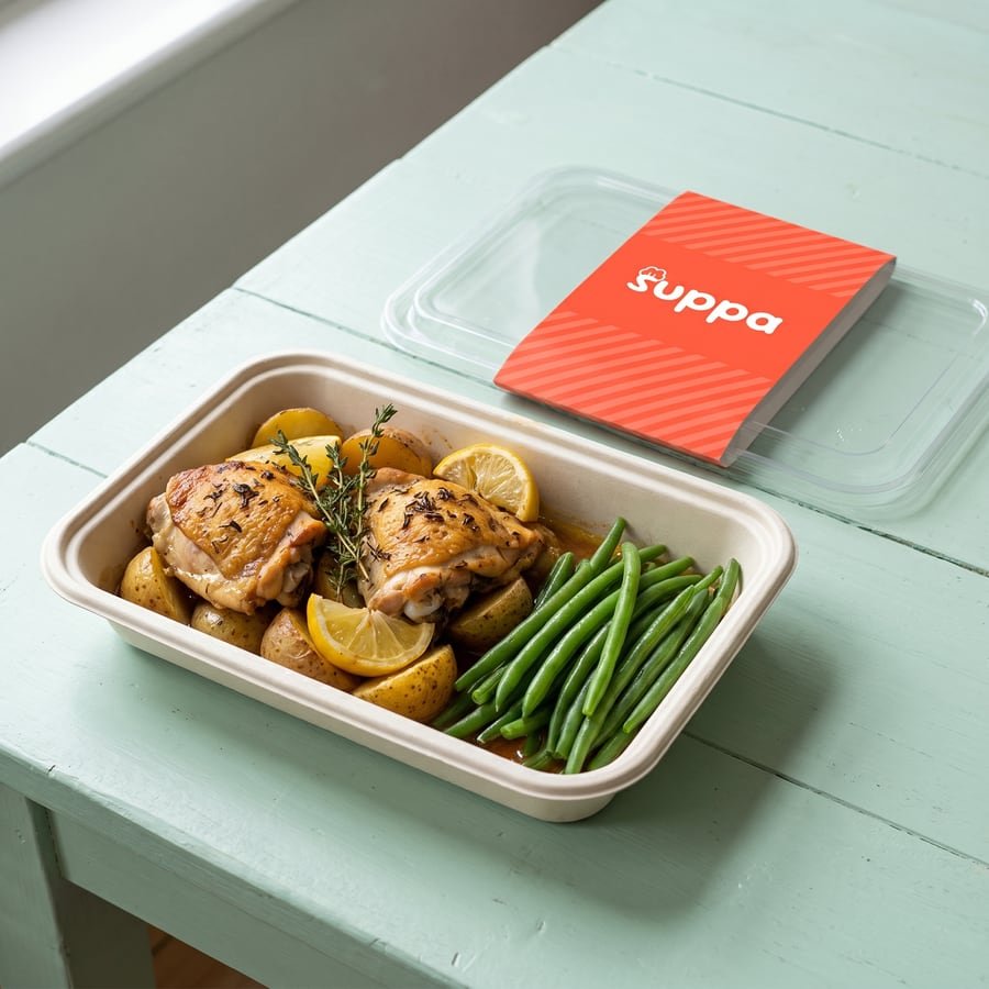 Roast chicken traybake in an open Suppa tray, with its clear lid and coral sleeve set beside it
