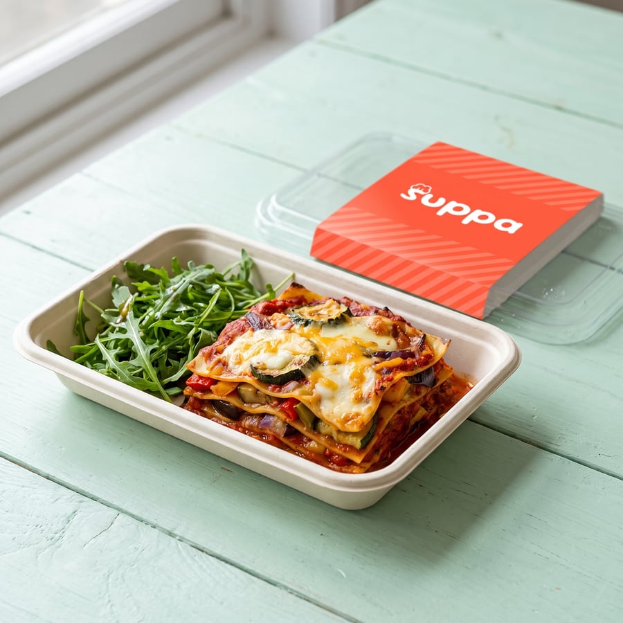 Roasted vegetable lasagne in an open Suppa tray, with its clear lid and coral sleeve set beside it
