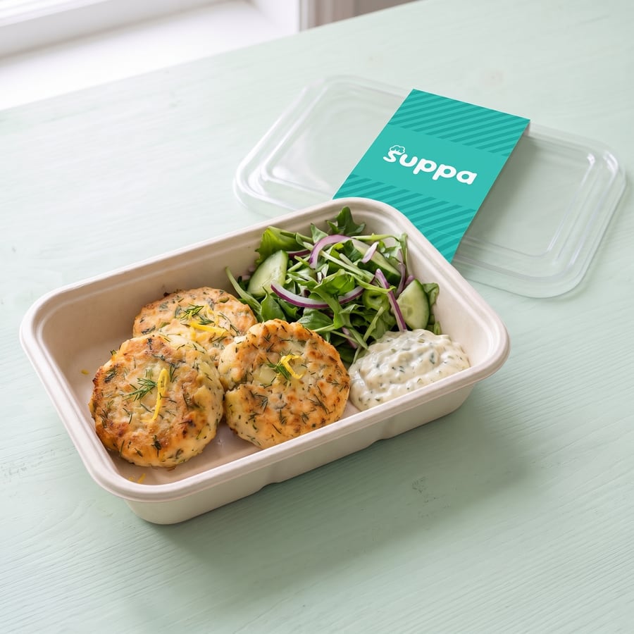 Salmon and dill fishcakes in an open Suppa tray, with its clear lid and teal sleeve set beside it