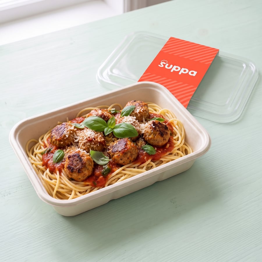 Turkey meatballs and spaghetti in an open Suppa tray, with its clear lid and coral sleeve set beside it