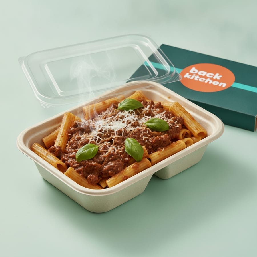 Slow-cooked beef ragu packed in an open Back Kitchen tray, the clear lid lifted off and the teal sleeve behind