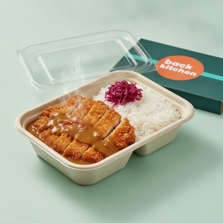 Chicken katsu curry packed in an open Back Kitchen tray, the clear lid lifted off and the teal sleeve behind