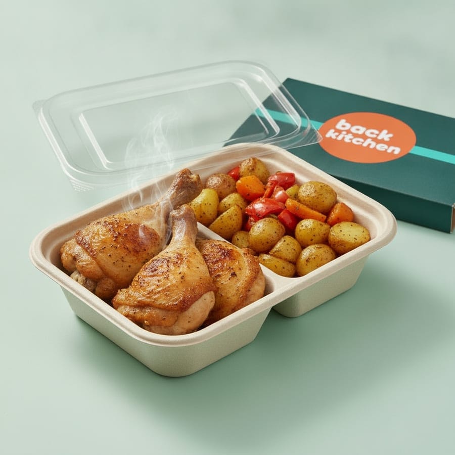 Roast chicken traybake packed in an open Back Kitchen tray, the clear lid lifted off and the teal sleeve behind