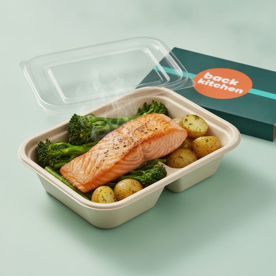 Pan-roasted salmon packed in an open Back Kitchen tray, the clear lid lifted off and the teal sleeve behind