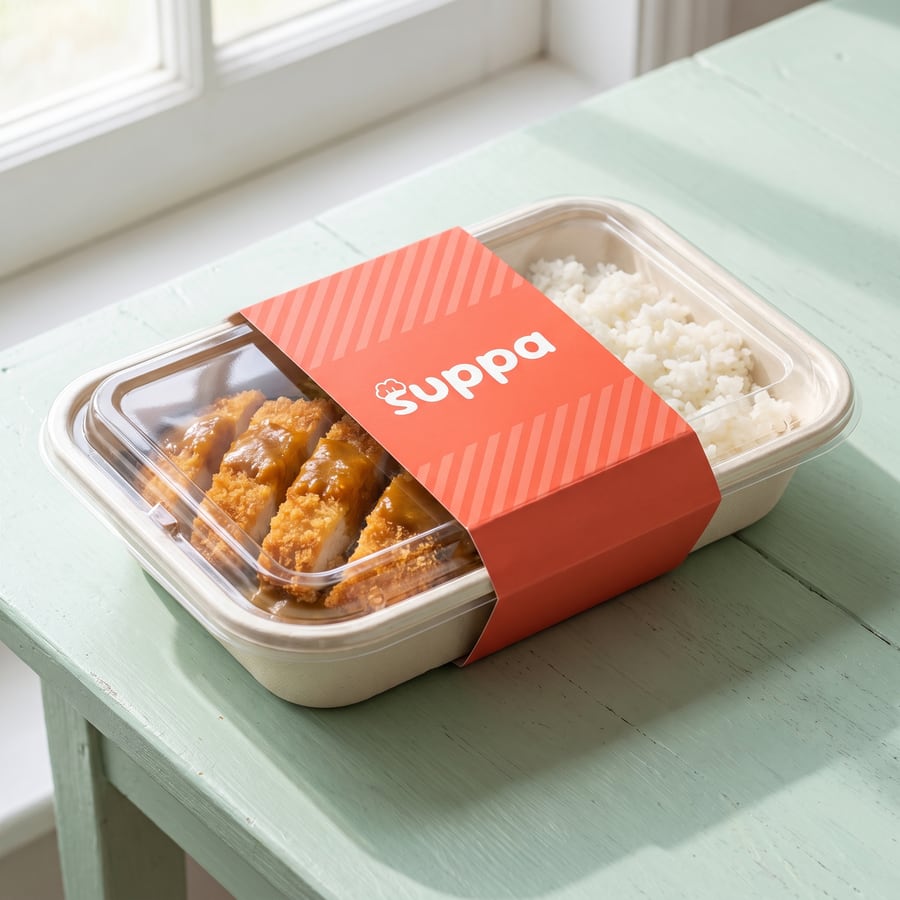 Chicken katsu curry packed in a Suppa tray with a orange striped sleeve