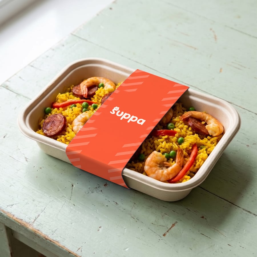Prawn and chorizo paella packed in a Suppa tray with a orange striped sleeve