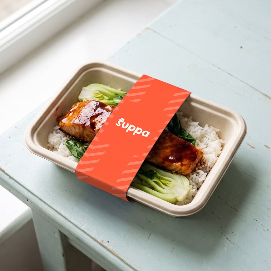 Teriyaki salmon packed in a Suppa tray with a orange striped sleeve